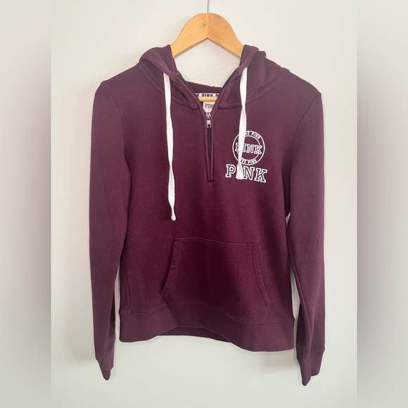 PINK Victoria's Secret Tops - VS PINK Burgundy Hooded Quarter Zip Sweatshirt